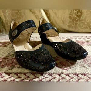 Spring Step Nougat Mary Jane d'Orsay Wedge Shoes In Black Leather Size 38 7.5